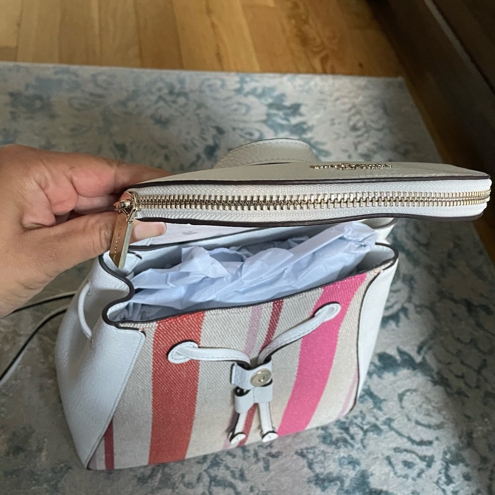 👛 BRAND NEW Kate Spade Leila Medium Flap Leather & Canvas Stripe Backpack Purse - Picture 4 of 16